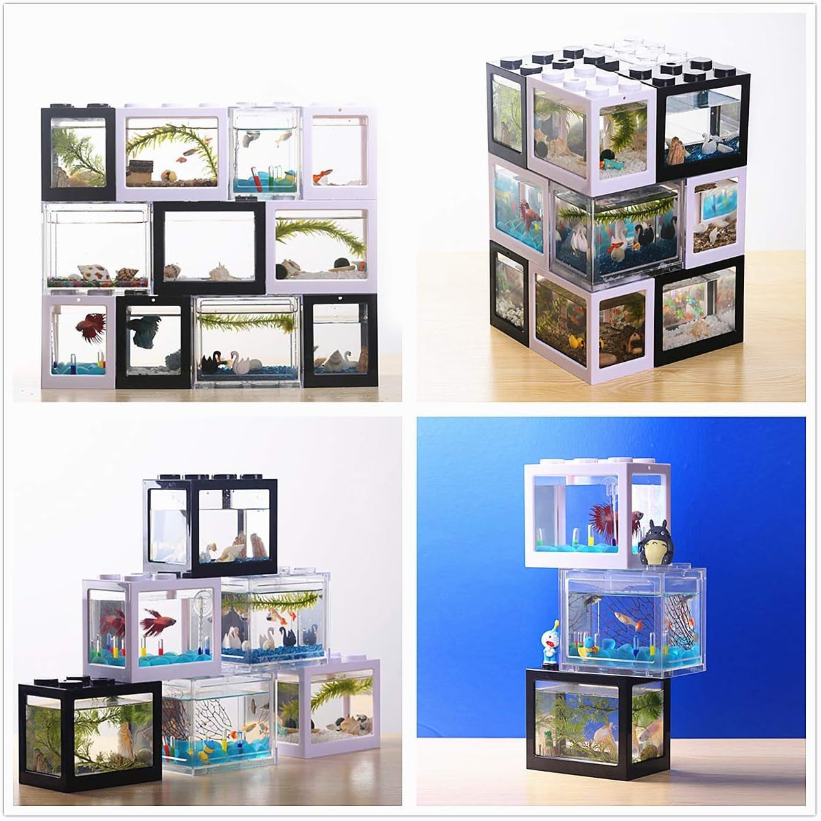 Small Betta Fish Tank, Middle Fish Tank Fish Bow Aquarium with Plastic Plant Decoration, Clear Stackable Cube Tank for Turtle Jellyfish Goldfish Moss Balls Insects,34Oz