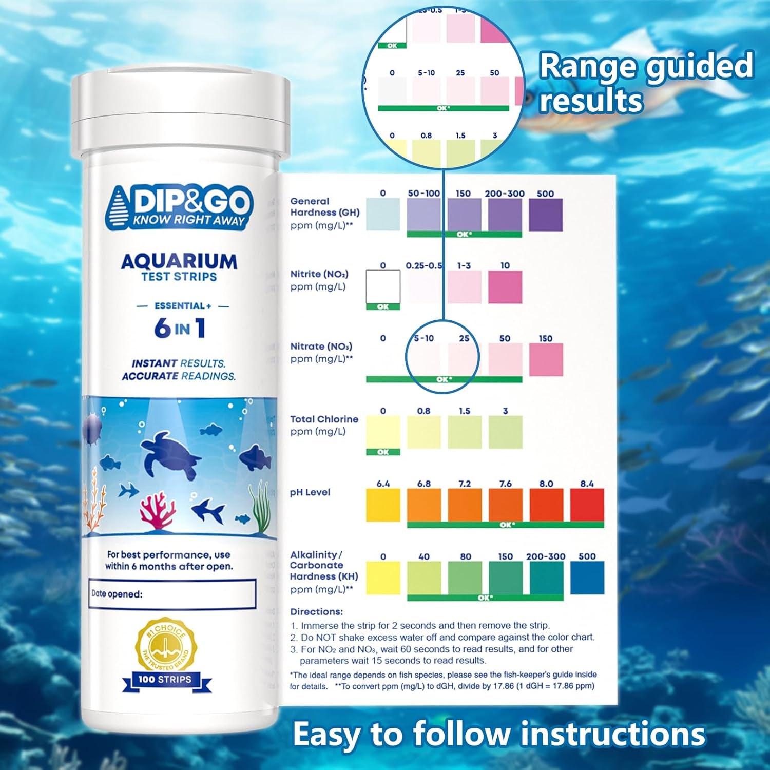 Aquarium Test Strips - Ammonia Test Kit for Aquarium -  6 in 1 Aquarium Water Test Kit for Freshwater, Fish Tank Water Testing Kit, 100 Strips