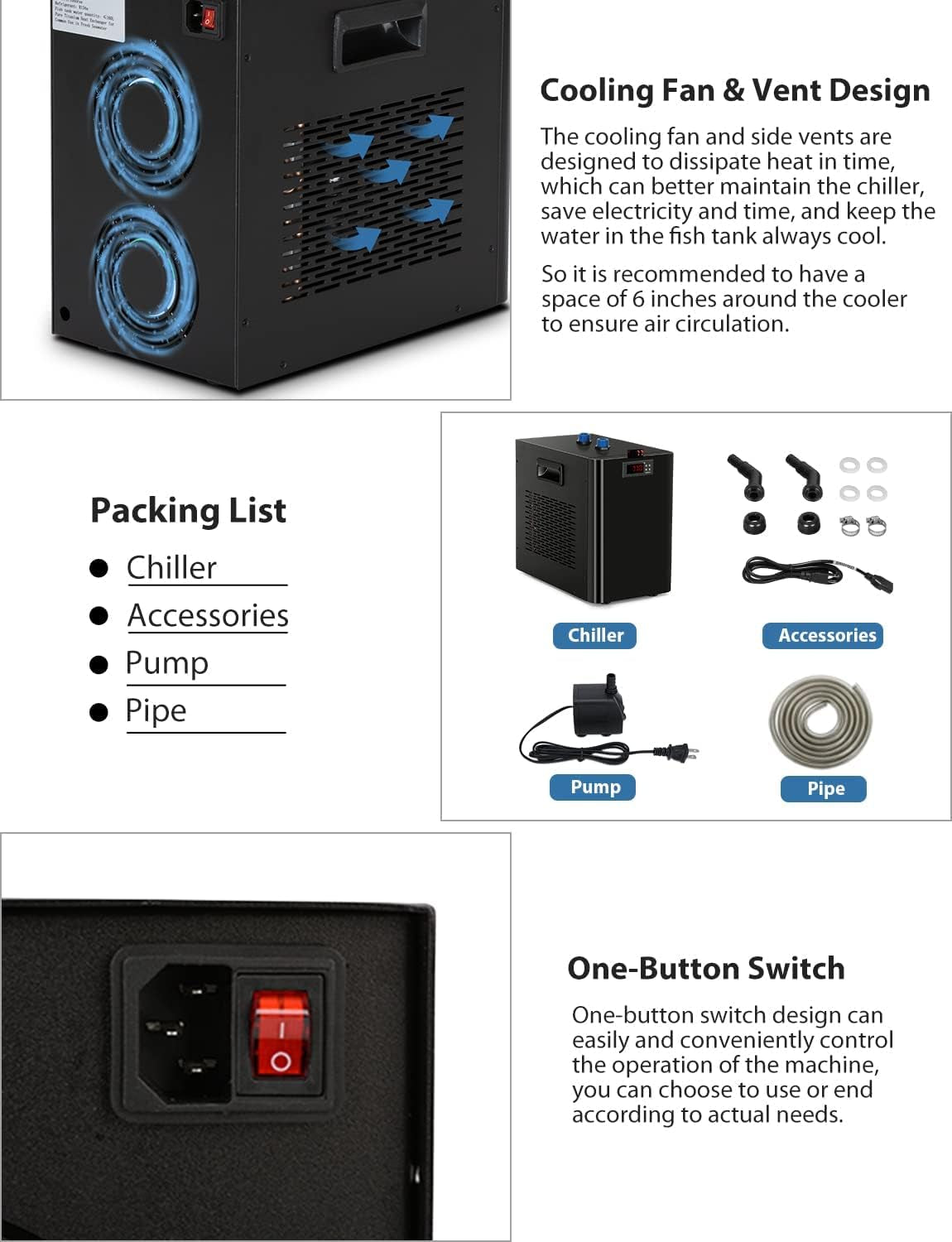 Aquarium Water Chiller, 79 Gal 1/3 HP Fish Tank Water Chiller with Special Quiet Design Compressor Refrigeration for Hydroponic System Axolotl Jellyfish Coral Crystal Shrimp 300L