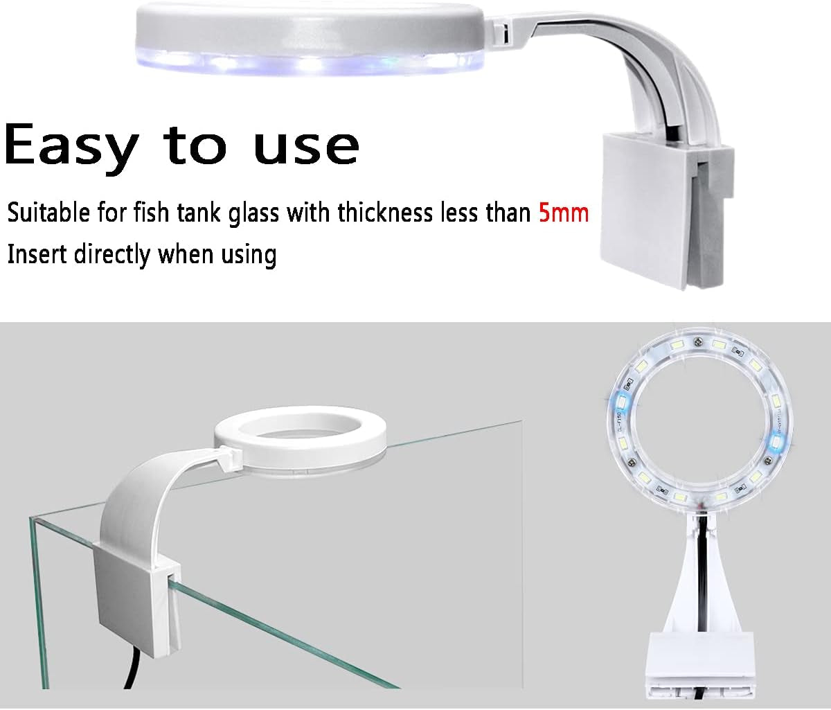 5W Mini Fish Tank Light White Clip-On Aquarium Lights for Small Betta Fish Tank,Round Light Aquatic Plant Lighting (White Body + Blue LED Light) Suitable for Small Fish Tanks