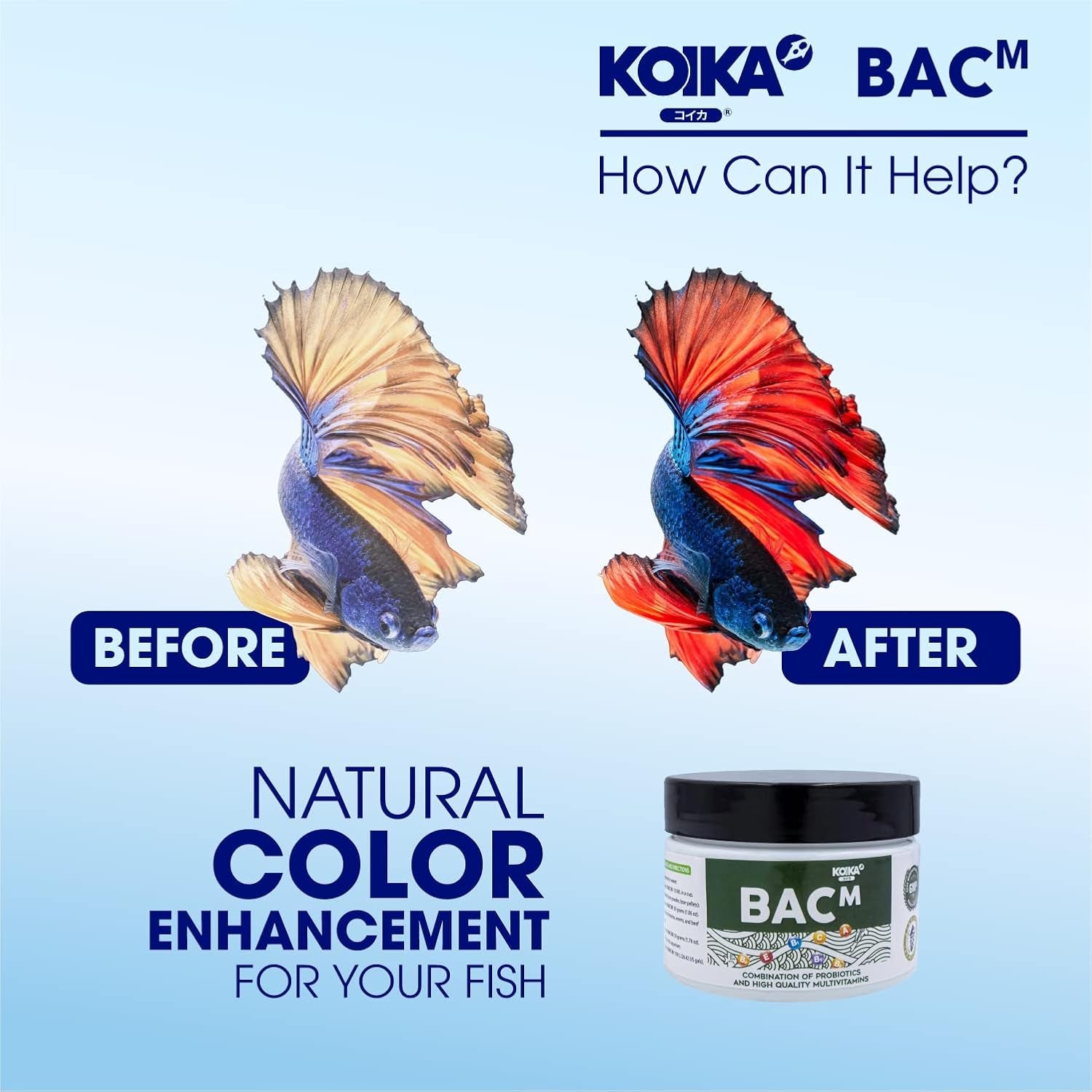 BACM Natural Color Enhancement for Fish, Combination of Probiotic & Multi-Vitamins for Aquarium A, B6, B2, Pleasant Smells (BACM, 30Ml)