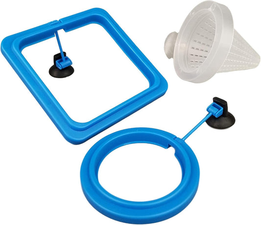 3 Pieces Fish Feeding Ring + Worm Feeding Cup,Fixed-Point Feeding, Fish Safe Floating Food Feeder Circle Blue, with Suction Cup,Easy to Install Aquarium, Square and round Shape Fish Feeder