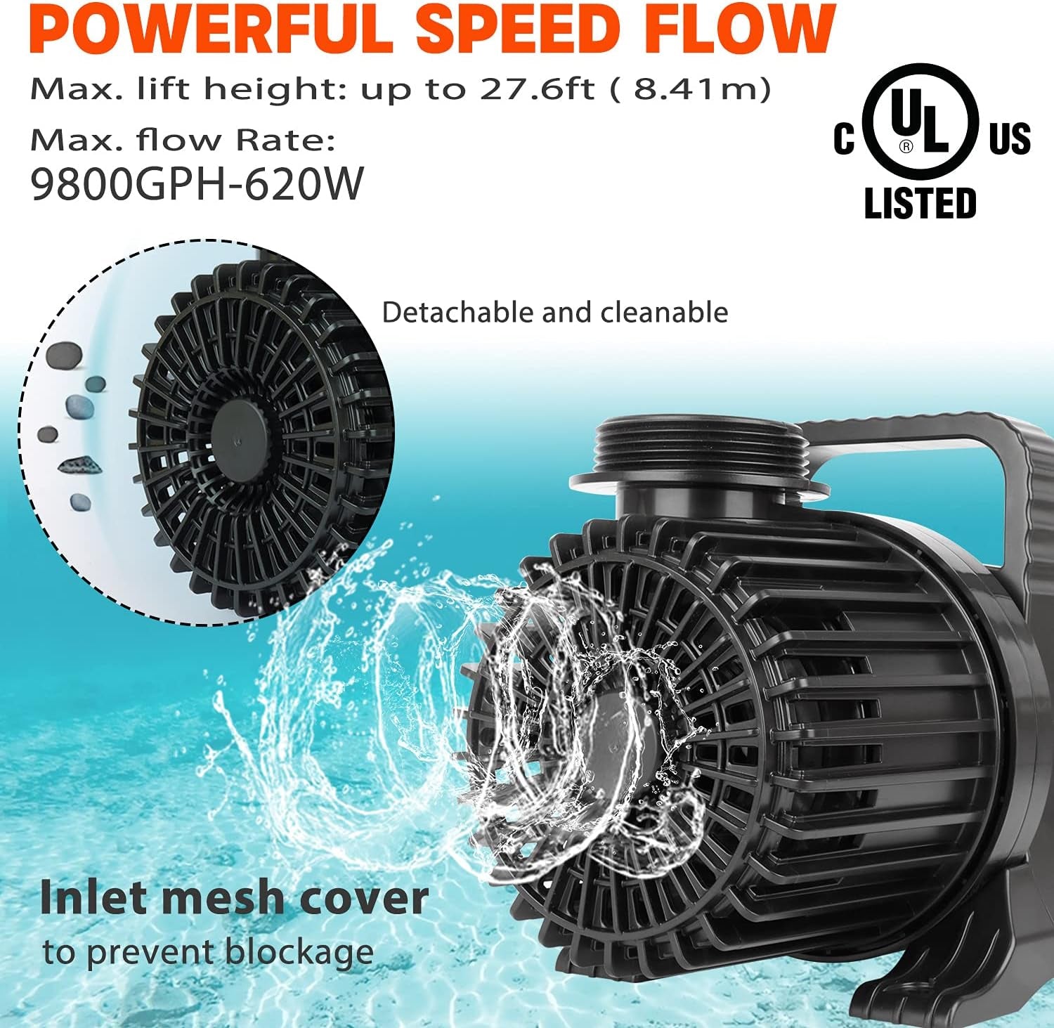 (9800GPH-620W,UL Listed) High Flow Submersible Pond Water Aquarium Pump Multi Scenario Application