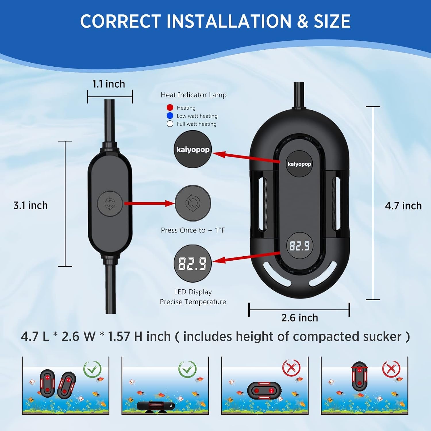 Mini Aquarium Heater for Fish Tank Submersible Small Heater with Intelligent LED Temperature Display and External Controller for Betta Fish Tank and Turtle Tank (25W)
