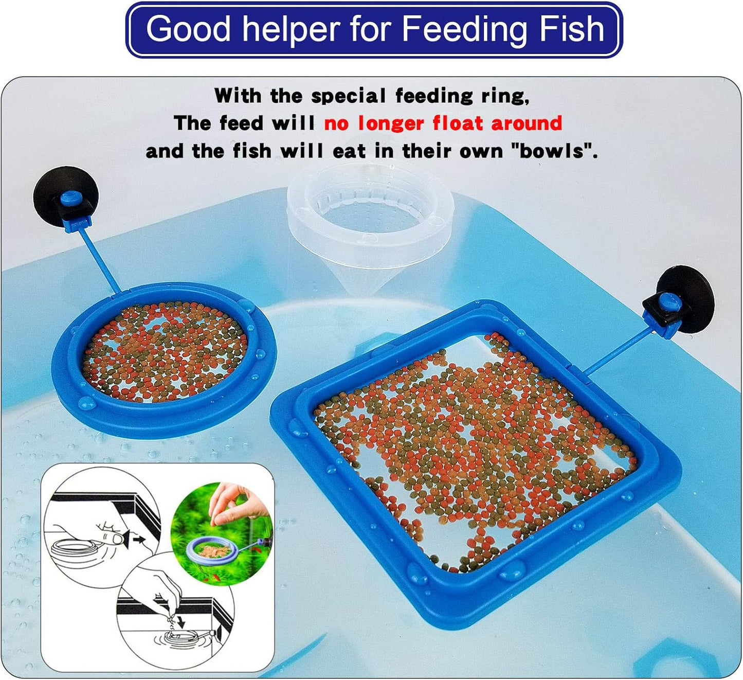 3 Pieces Fish Feeding Ring + Worm Feeding Cup,Fixed-Point Feeding, Fish Safe Floating Food Feeder Circle Blue, with Suction Cup,Easy to Install Aquarium, Square and round Shape Fish Feeder