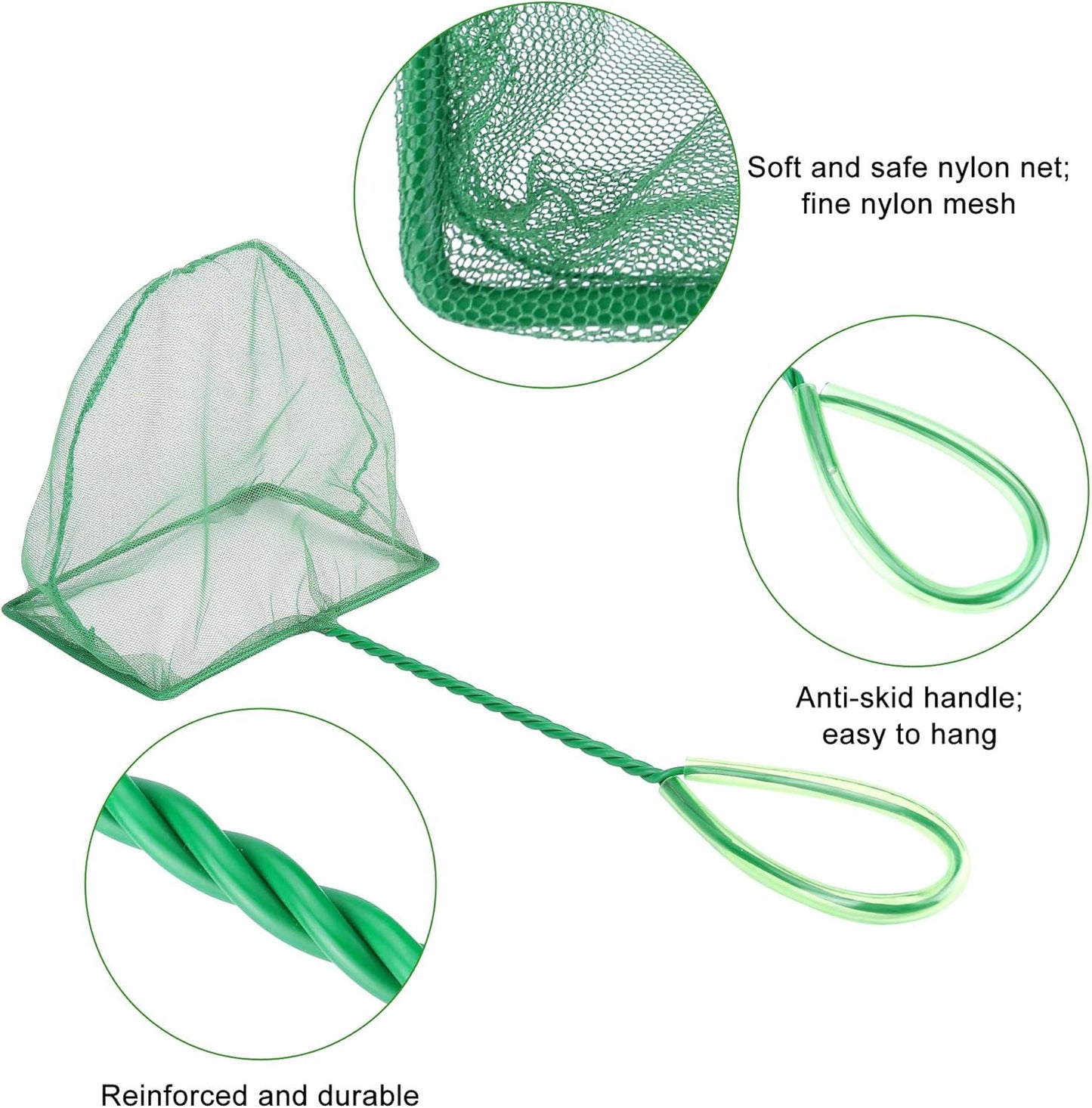 4In 5In 6In Aquarium Fish Net Green Fine Mesh Nylon Net Collection with 11" Long Handle Square Quick Catch Fish Net for Fish Tank