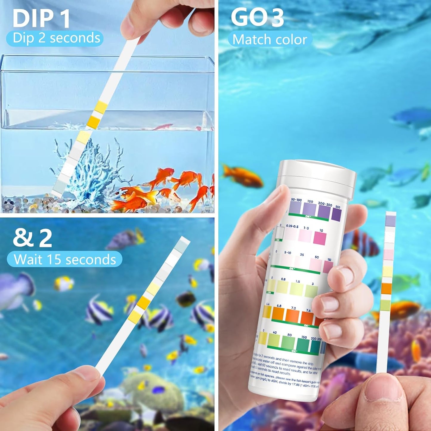 Aquarium Test Strips - Ammonia Test Kit for Aquarium -  6 in 1 Aquarium Water Test Kit for Freshwater, Fish Tank Water Testing Kit, 100 Strips