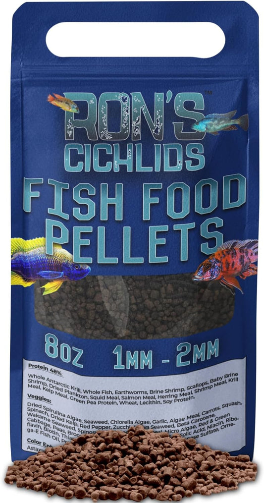 African Cichlid Fish Food, Premium Tropical Fish Food Pellets with Protein, Veggies & Fruits for Healthier, Brighter & Bigger Tropical Fish & Cleaner Tanks, Juvie Blend, 8 OZ
