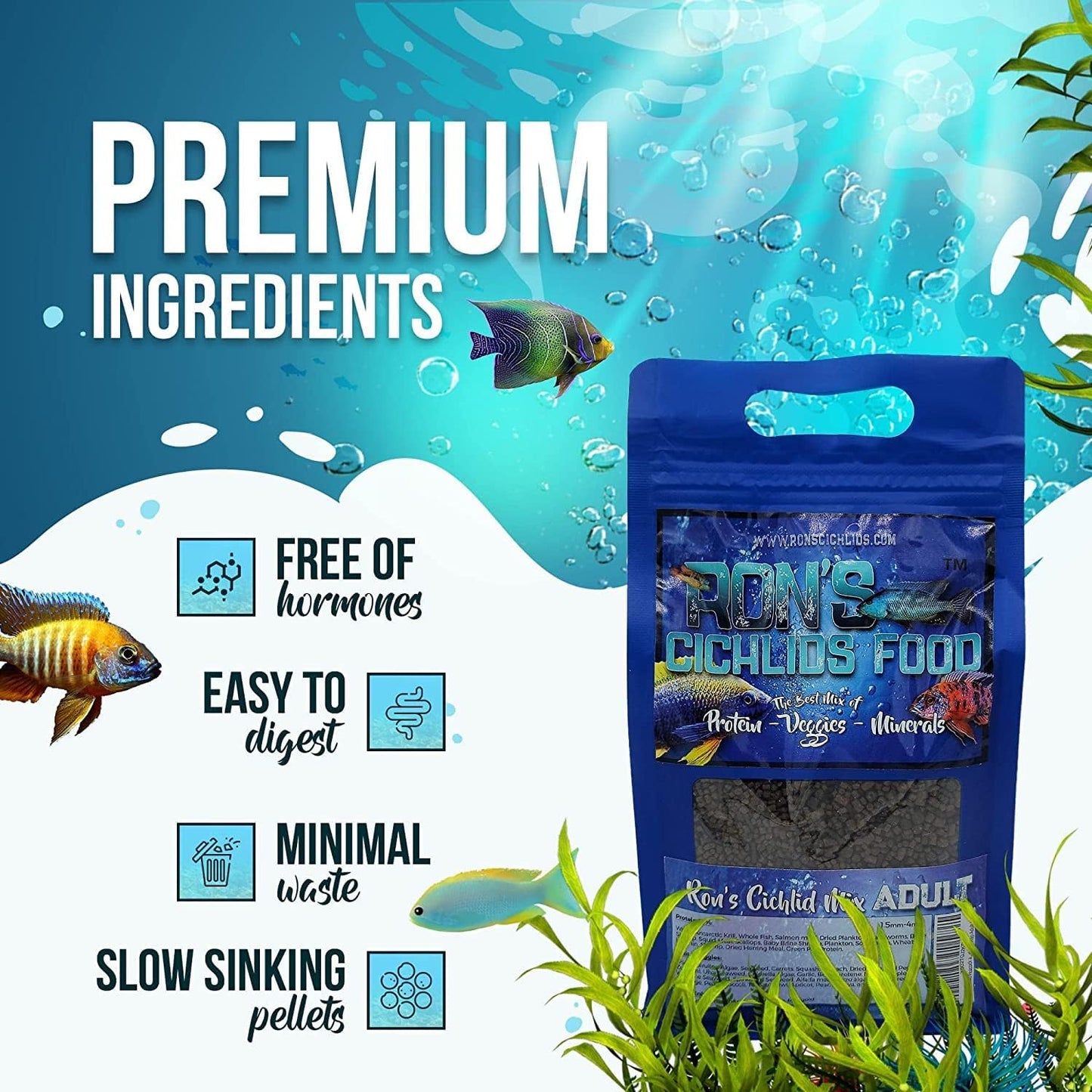 Fish Food Pellets - USA Made Slow Sinking Pellets & Sticks Feed, Zero Fillers, Koi, Pond, Goldfish, Tetra, Pleco, Oscar, Angelfish & Tropical Aquarium Fish, 1.5Mm-4Mm, Adult Blend 1 LB