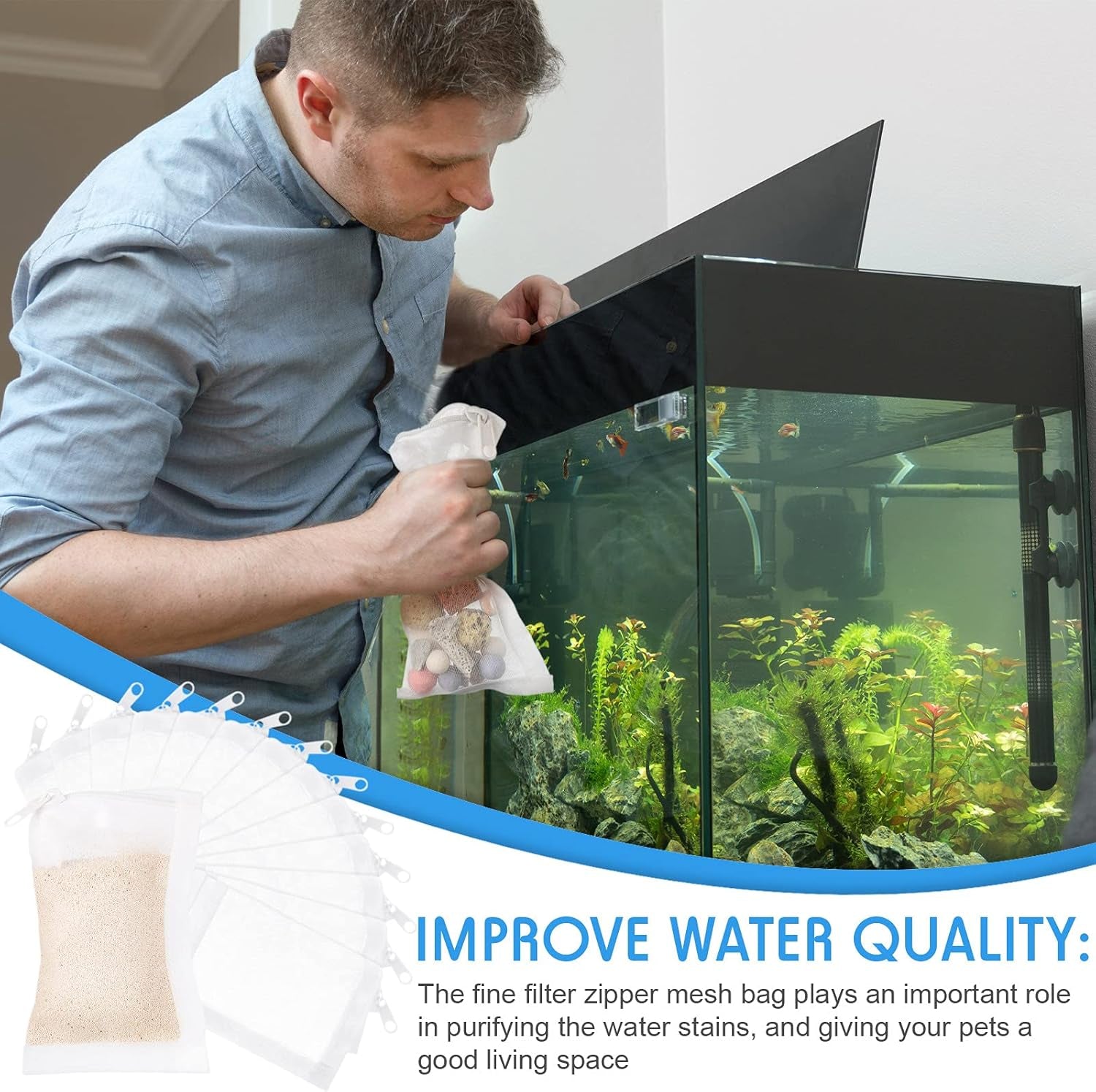 15 Pieces Aquarium Filter Media Bags 150 Micrometer Fine Filter Bags Mesh Reusable with Zipper for Activated Carbon Resins(2.4 X 4 Inch,Nylon)
