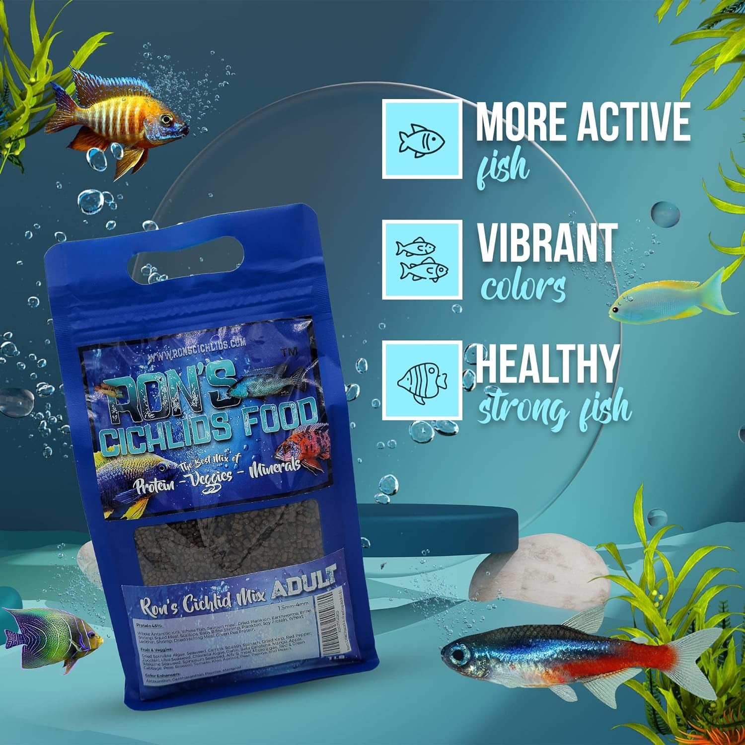 African Cichlid Fish Food, Premium Tropical Fish Food Pellets with Protein, Veggies & Fruits for Healthier, Brighter & Bigger Tropical Fish & Cleaner Tanks, Juvie Blend, 8 OZ