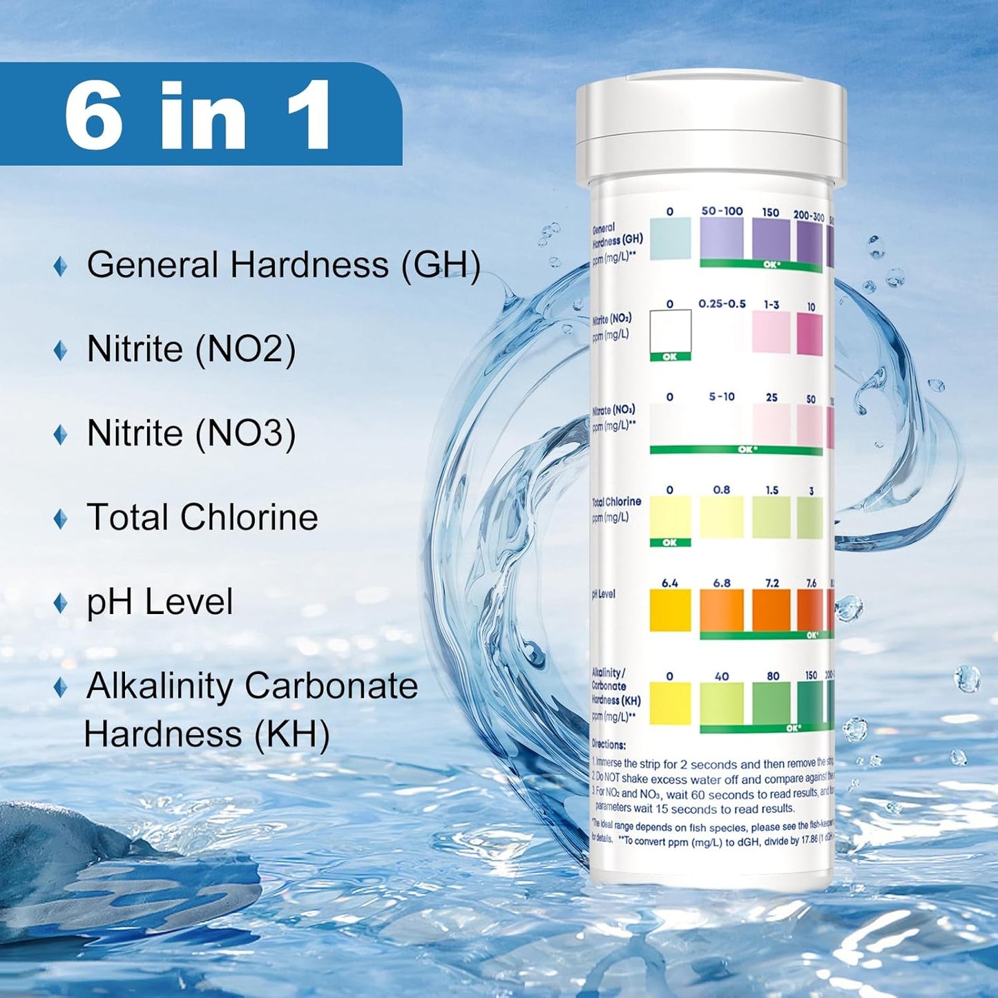 Aquarium Test Strips - Ammonia Test Kit for Aquarium -  6 in 1 Aquarium Water Test Kit for Freshwater, Fish Tank Water Testing Kit, 100 Strips