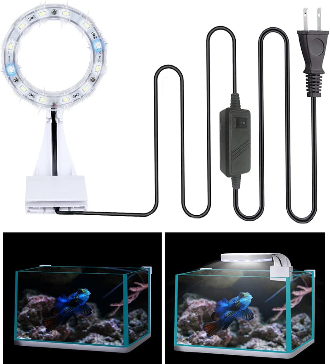 5W Mini Fish Tank Light White Clip-On Aquarium Lights for Small Betta Fish Tank,Round Light Aquatic Plant Lighting (White Body + Blue LED Light) Suitable for Small Fish Tanks