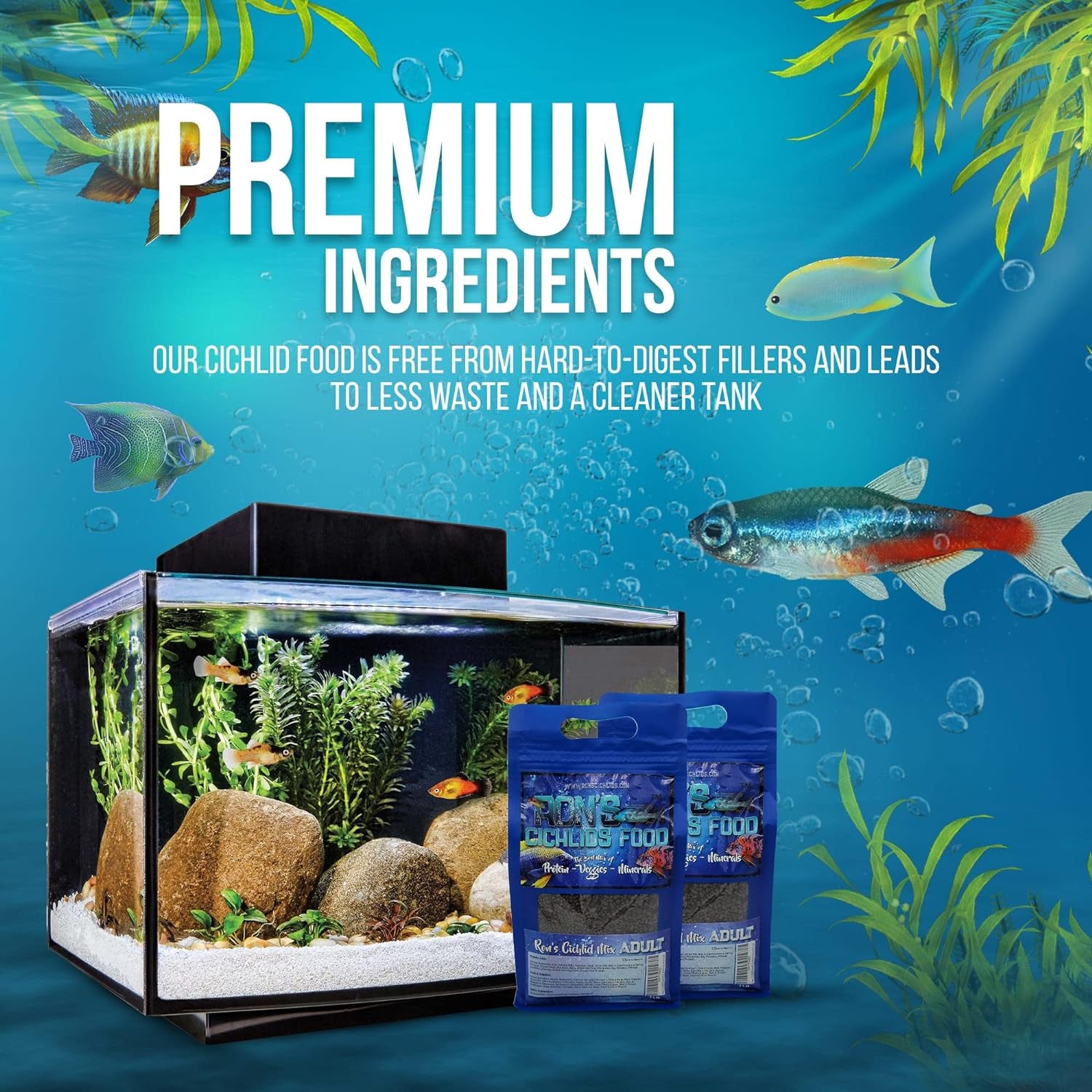 African Cichlid Fish Food, Premium Tropical Fish Food Pellets with Protein, Veggies & Fruits for Healthier, Brighter & Bigger Tropical Fish & Cleaner Tanks, Juvie Blend, 1 LB