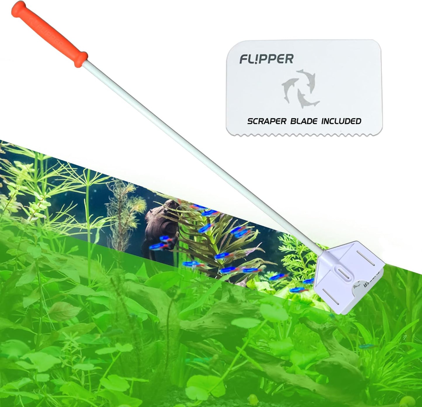 Flipper Platinum Aquarium Algae Scraper | Glass & Acrylic Tank Cleaner with Serrated Blade for Efficient Aquarium Maintenance (28” Rigid Shaft)