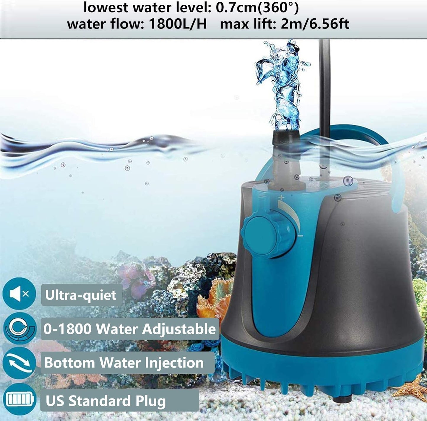 Submersible Pump with Adjustable Flow Rate,  Aquarium Fountain Pump, Ultra Quiet Water Pump for Pool, Fish Tank, Pond, Hydroponics, Ultra-Low Water Level with High Lift (400GPH, 25W)
