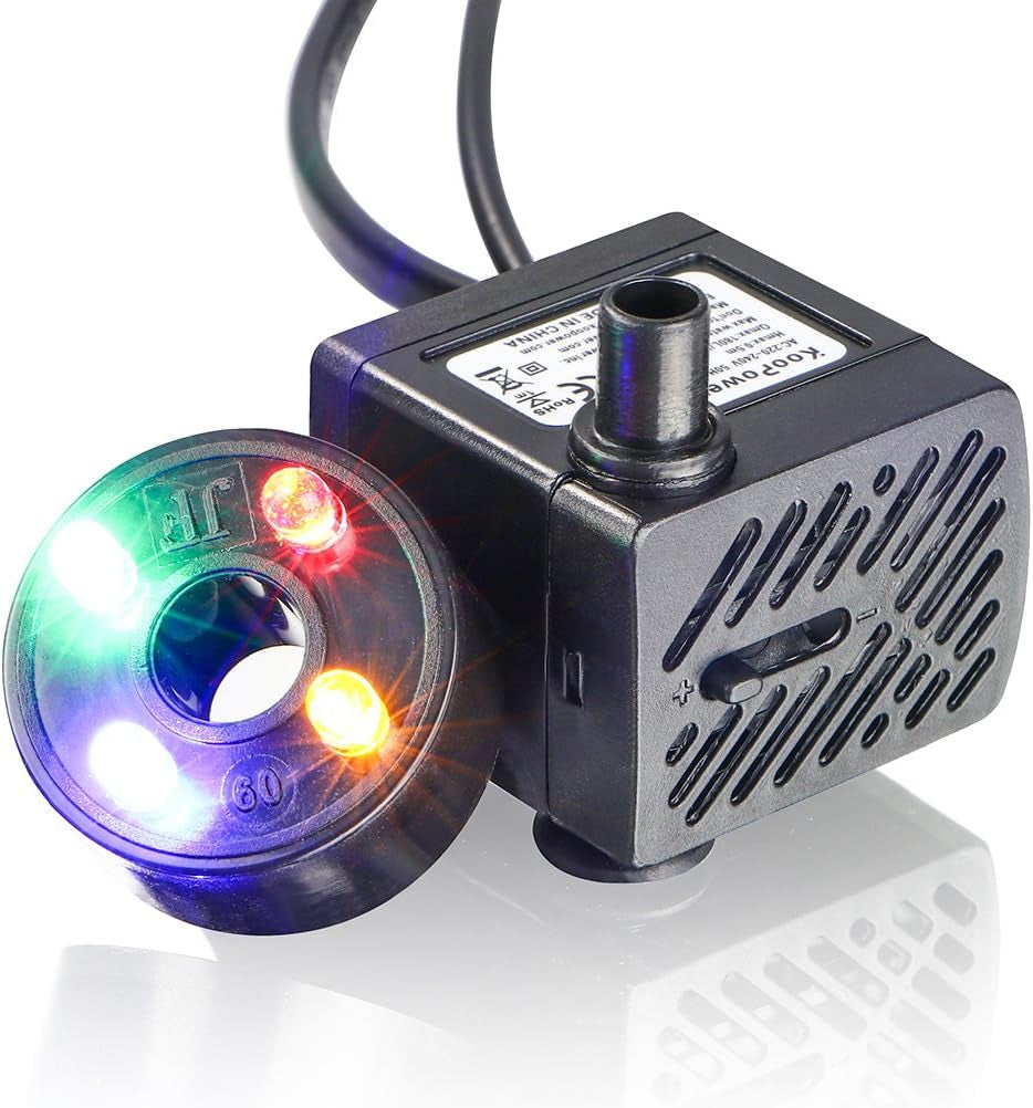 Water Fountain Pump with 4 LED Light Super Silent Small Submersible Water Pump (180L/H 3.5W) 50GPH for Fish Tank, Aquarium