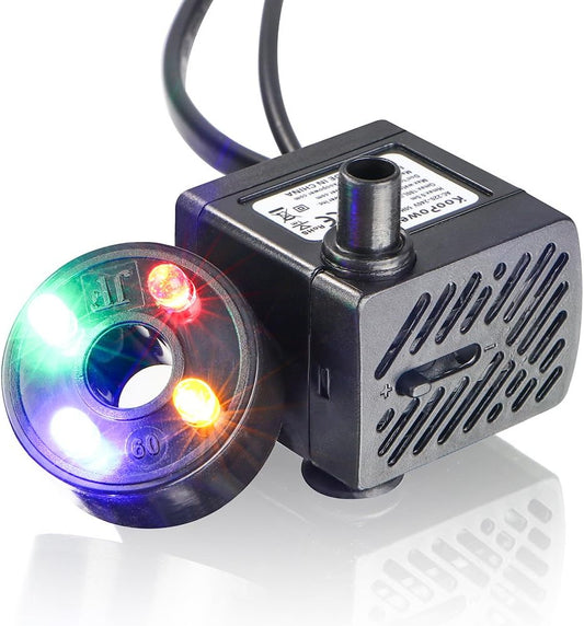 Water Fountain Pump with 4 LED Light Super Silent Small Submersible Water Pump (180L/H 3.5W) 50GPH for Fish Tank, Aquarium