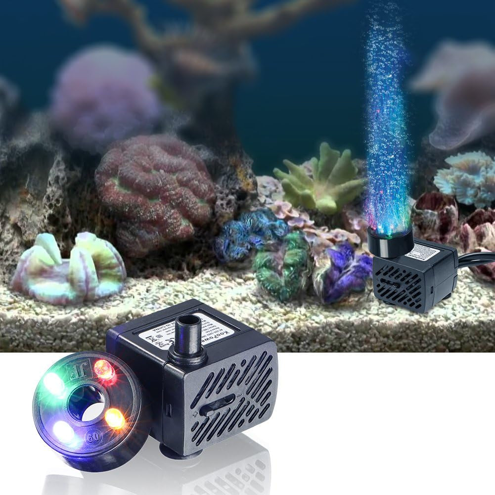 Water Fountain Pump with 4 LED Light Super Silent Small Submersible Water Pump (180L/H 3.5W) 50GPH for Fish Tank, Aquarium
