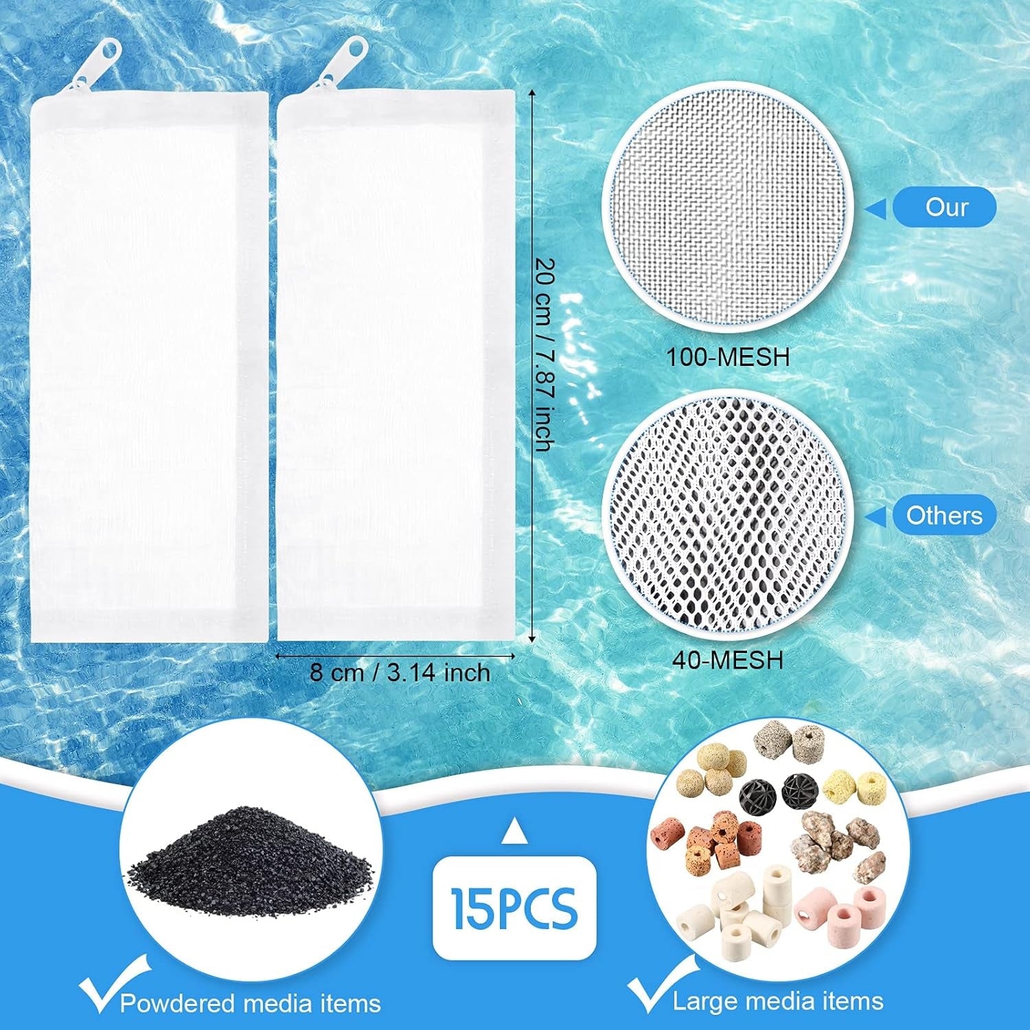 15 Pieces Aquarium Filter Media Bags 150 Micrometer Fine Filter Bags Mesh Reusable with Zipper for Activated Carbon Resins (3.1 X 7.9 Inch, Nylon)
