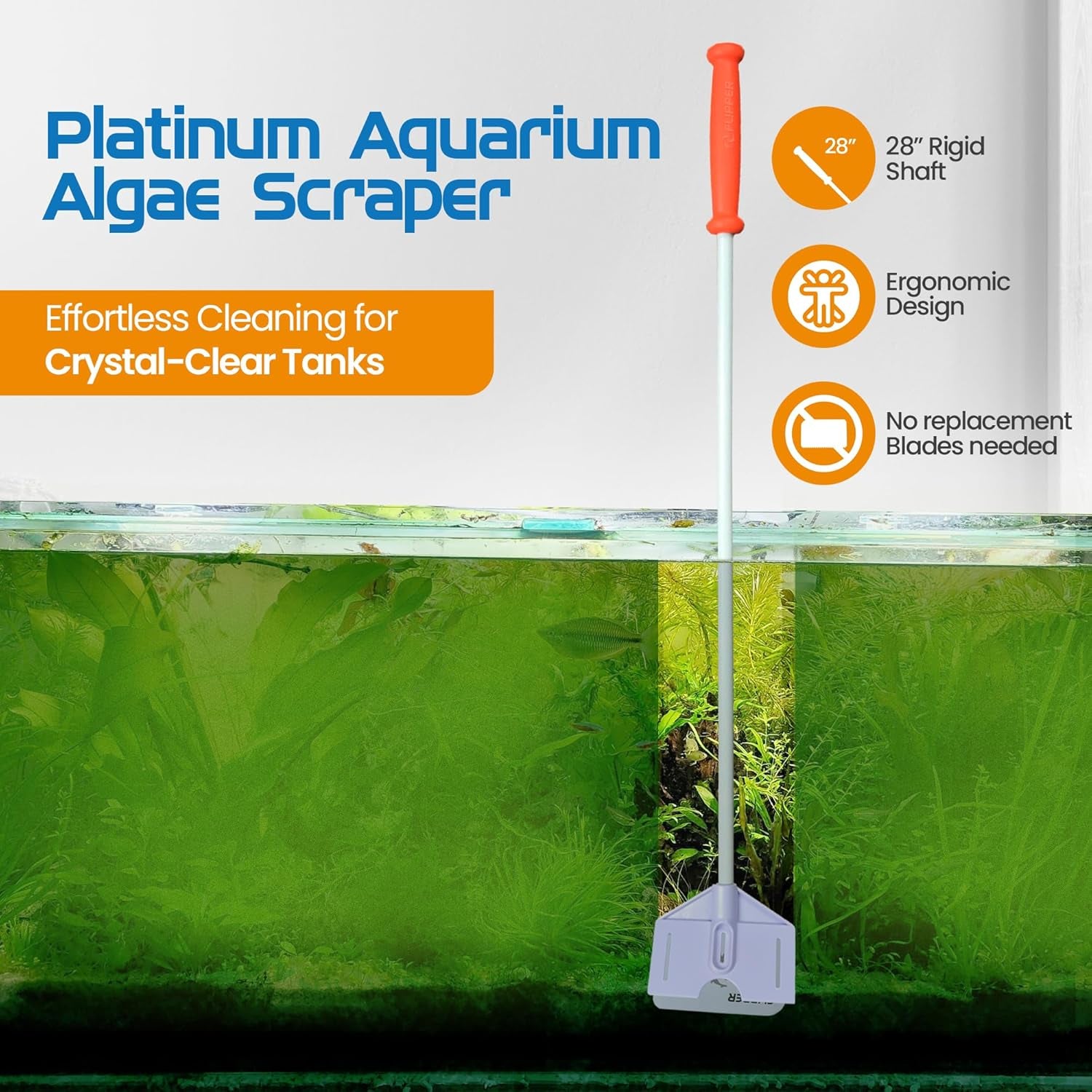 Flipper Platinum Aquarium Algae Scraper | Glass & Acrylic Tank Cleaner with Serrated Blade for Efficient Aquarium Maintenance (28” Rigid Shaft)
