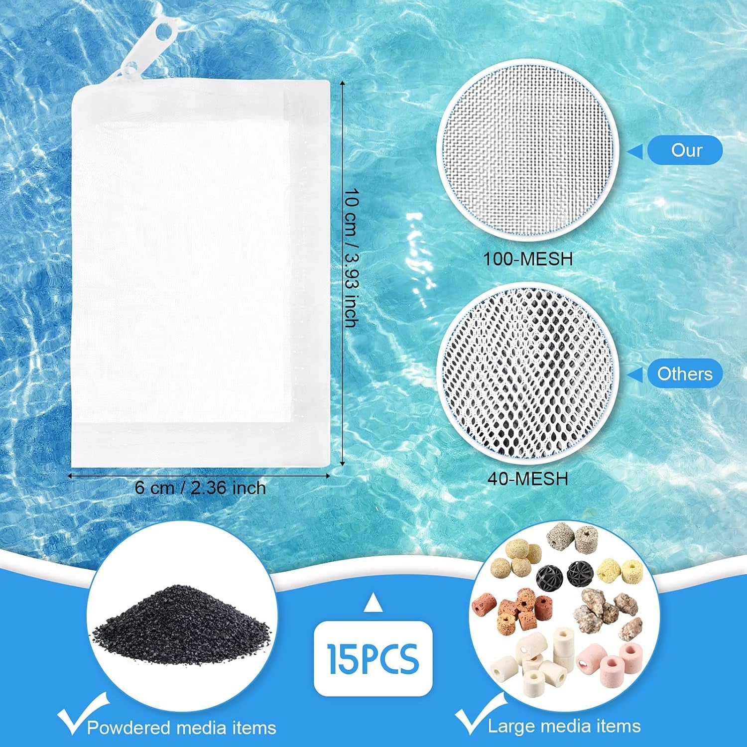 15 Pieces Aquarium Filter Media Bags 150 Micrometer Fine Filter Bags Mesh Reusable with Zipper for Activated Carbon Resins(2.4 X 4 Inch,Nylon)