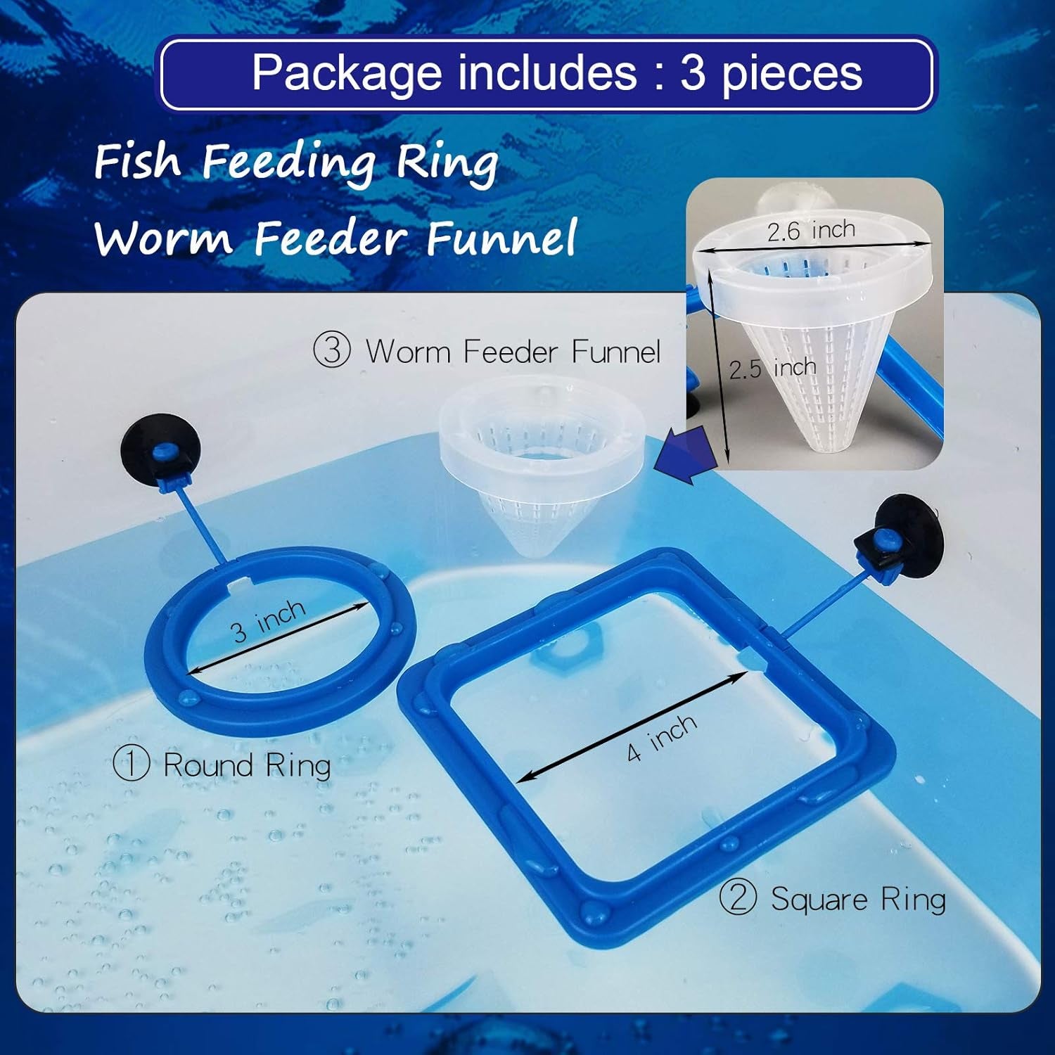 3 Pieces Fish Feeding Ring + Worm Feeding Cup,Fixed-Point Feeding, Fish Safe Floating Food Feeder Circle Blue, with Suction Cup,Easy to Install Aquarium, Square and round Shape Fish Feeder