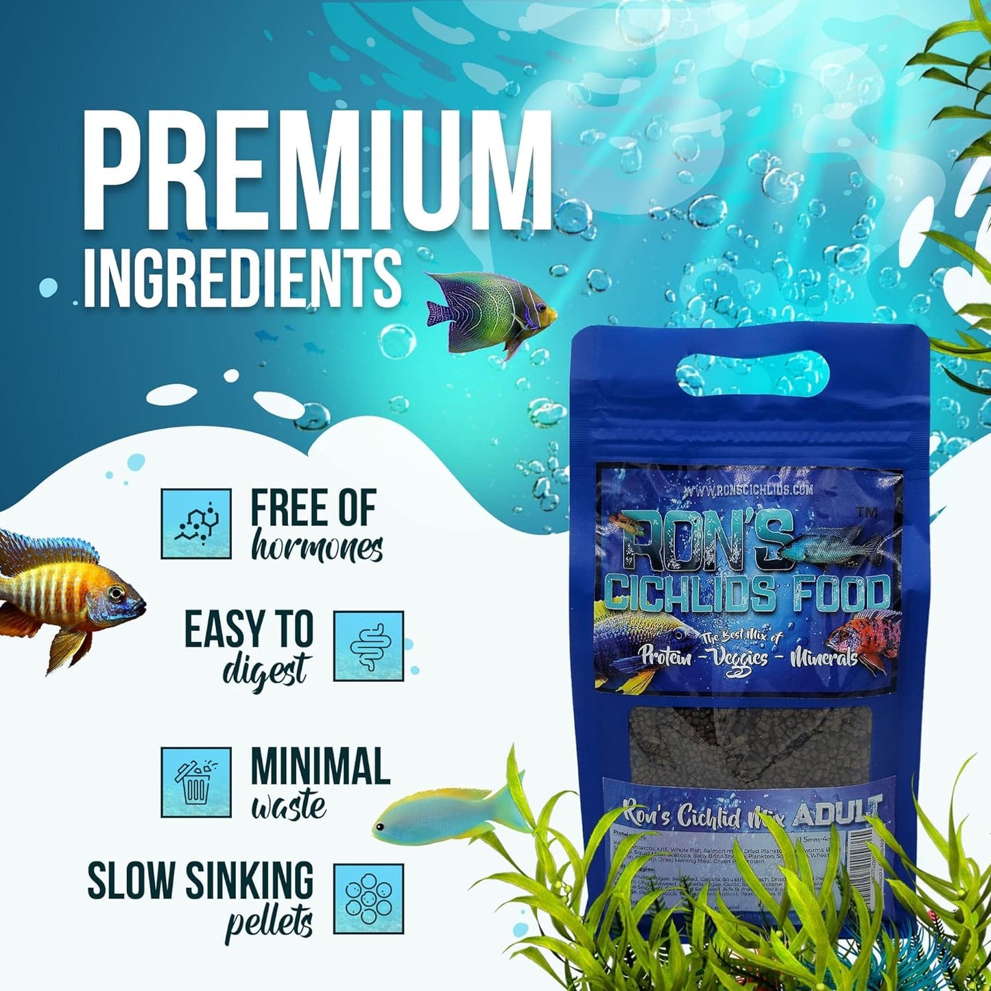African Cichlid Fish Food, Premium Tropical Fish Food Pellets with Protein, Veggies & Fruits for Healthier, Brighter & Bigger Tropical Fish & Cleaner Tanks, Juvie Blend, 1 LB