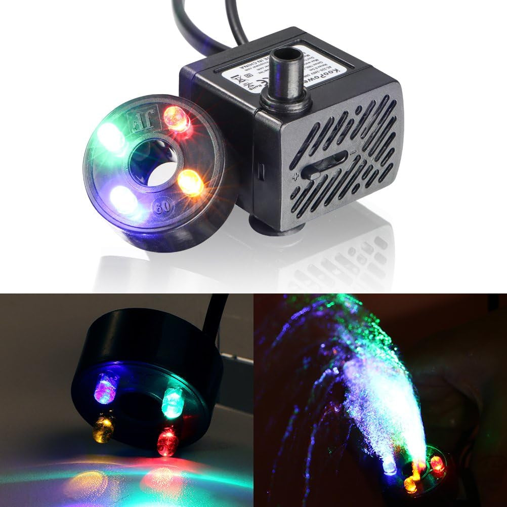 Water Fountain Pump with 4 LED Light Super Silent Small Submersible Water Pump (180L/H 3.5W) 50GPH for Fish Tank, Aquarium