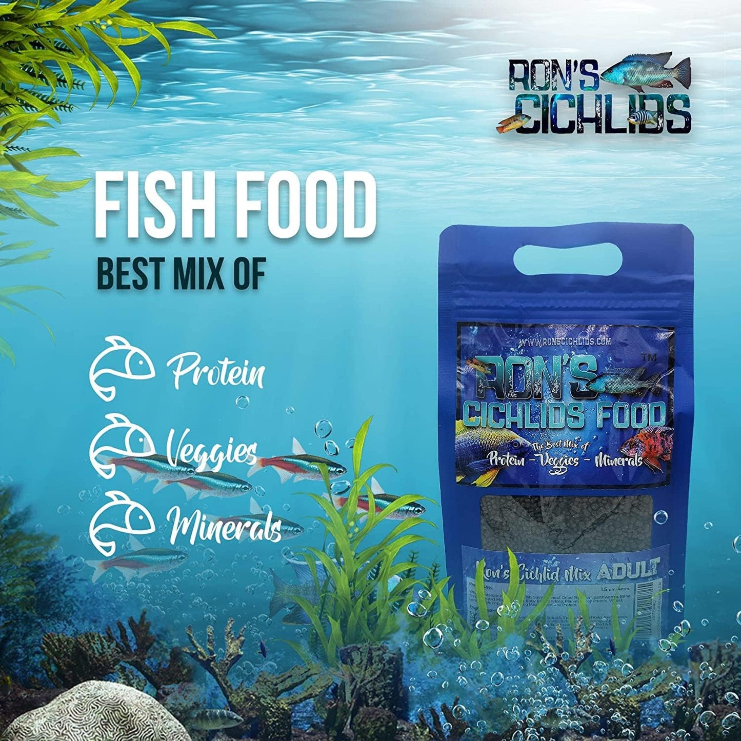 Fish Food Pellets - USA Made Slow Sinking Pellets & Sticks Feed, Zero Fillers, Koi, Pond, Goldfish, Tetra, Pleco, Oscar, Angelfish & Tropical Aquarium Fish, 1.5Mm-4Mm, Adult Blend 1 LB