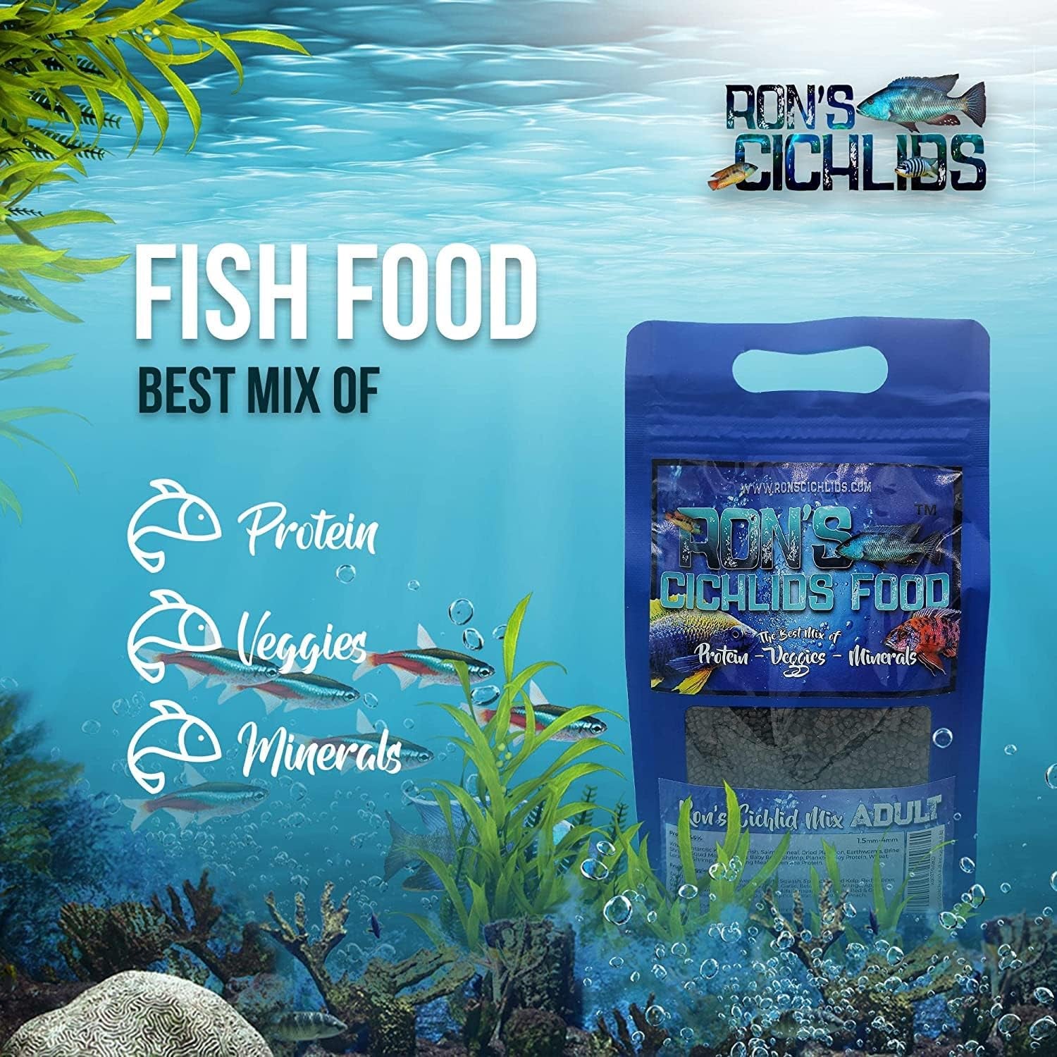 Fish Food Pellets - USA Made Slow Sinking Pellets & Sticks Feed, Zero Fillers, Koi, Pond, Goldfish, Tetra, Pleco, Oscar, Angelfish & Tropical Aquarium Fish, 1.5Mm-4Mm, Adult Blend 1 LB