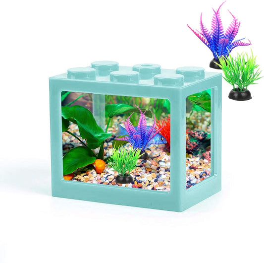 Small Betta Fish Tank, Middle Fish Tank Fish Bow Aquarium with Plastic Plant Decoration, Clear Stackable Cube Tank for Turtle Jellyfish Goldfish Moss Balls Insects,34Oz