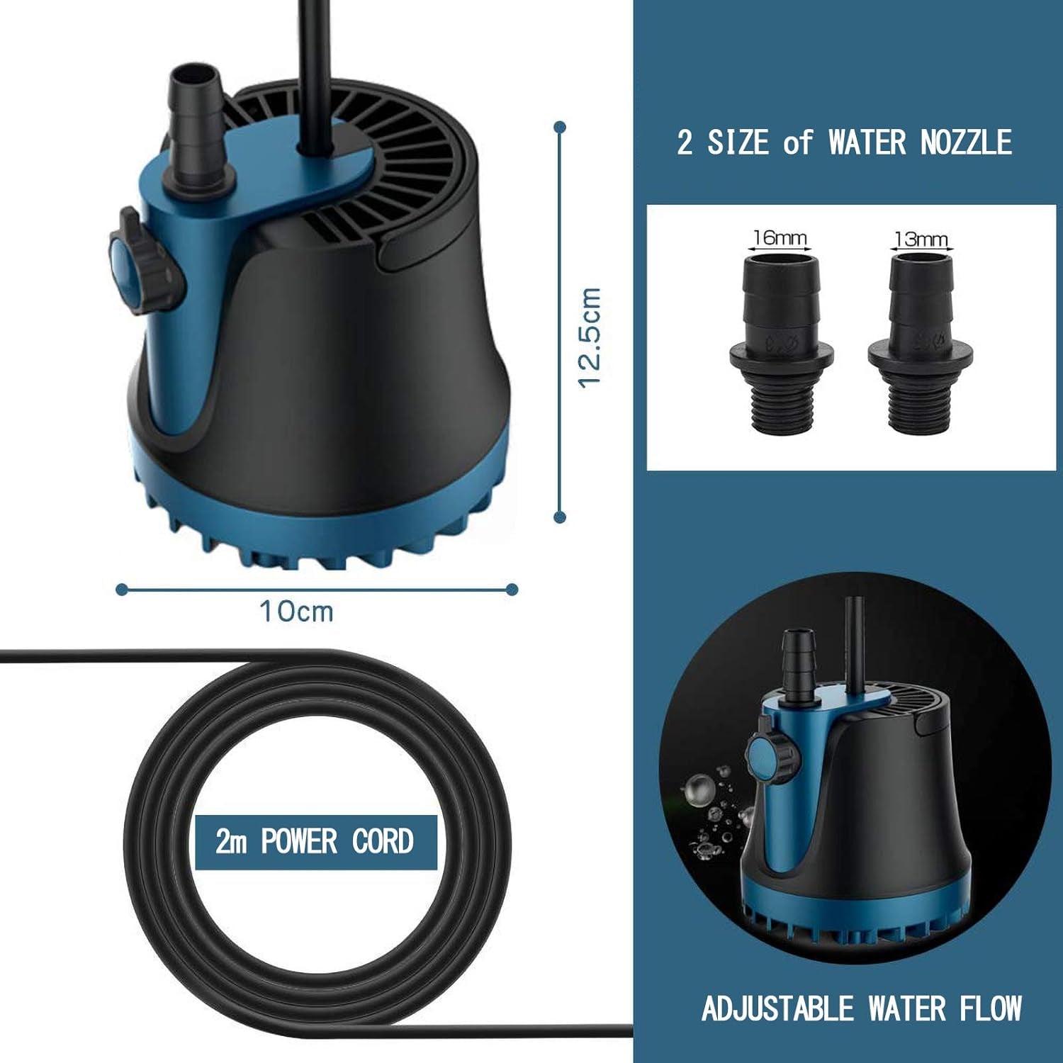 Submersible Pump with Adjustable Flow Rate,  Aquarium Fountain Pump, Ultra Quiet Water Pump for Pool, Fish Tank, Pond, Hydroponics, Ultra-Low Water Level with High Lift (400GPH, 25W)