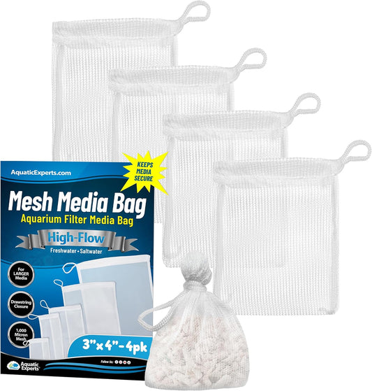 High Flow Filter Media Bag - Durable Filter Bags for Fish Tank, Secure Aquarium Media Bag with Drawstring, Media Bags for Aquarium and Pond, High Flow (White), 3” X 4” – 4 Pack