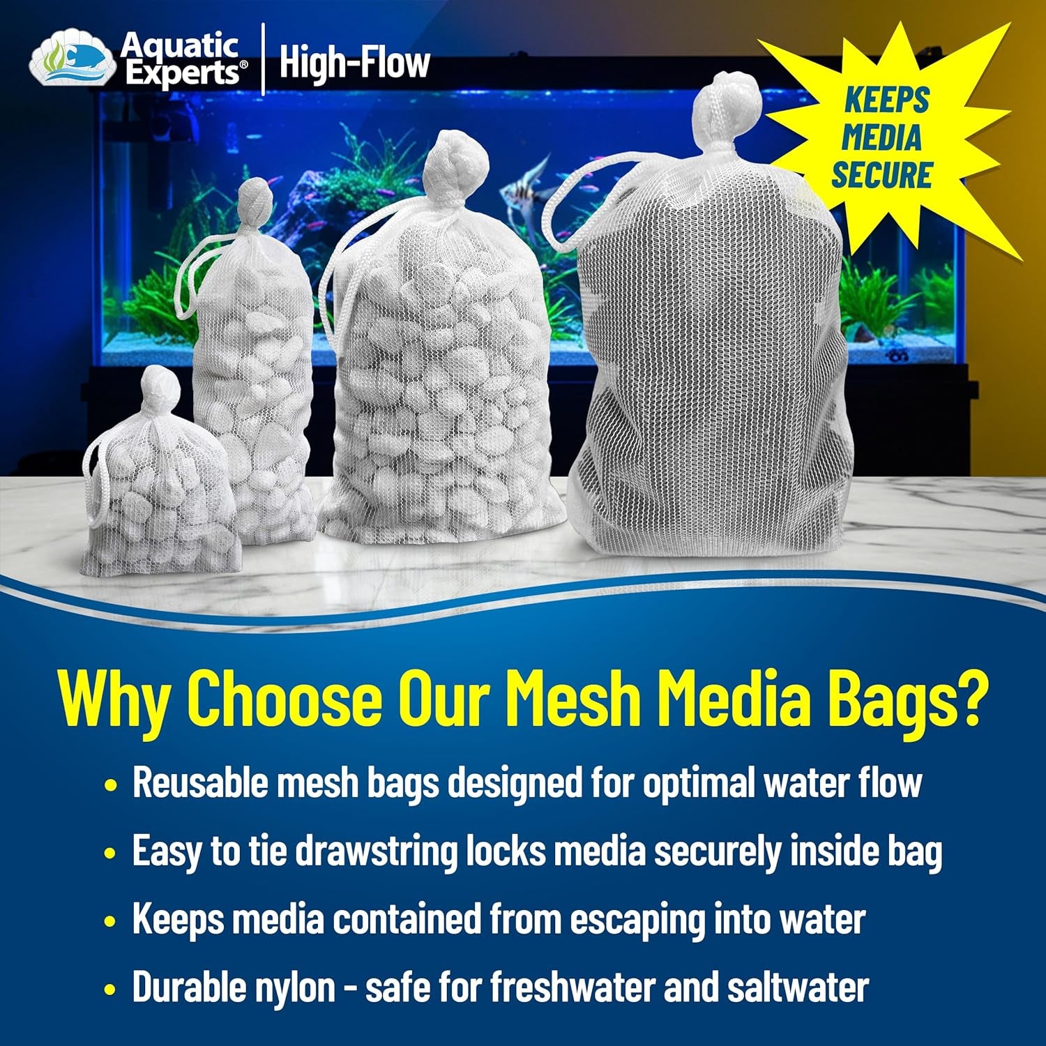 High Flow Filter Media Bag - Durable Filter Bags for Fish Tank, Secure Aquarium Media Bag with Drawstring, Media Bags for Aquarium and Pond, High Flow (White), 3” X 4” – 4 Pack