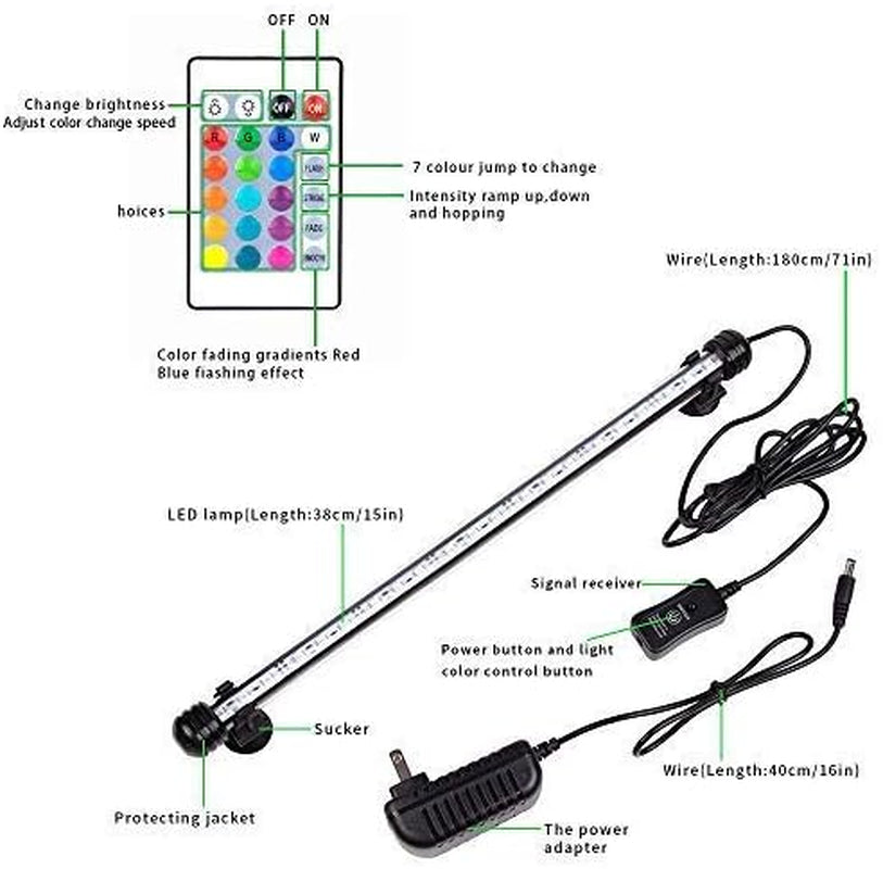 LED Aquarium Light, Fish Tank Light Waterproof RGB Colorful Underwater Submersible LED Lights Strip Background Decorate Lighting, 15"