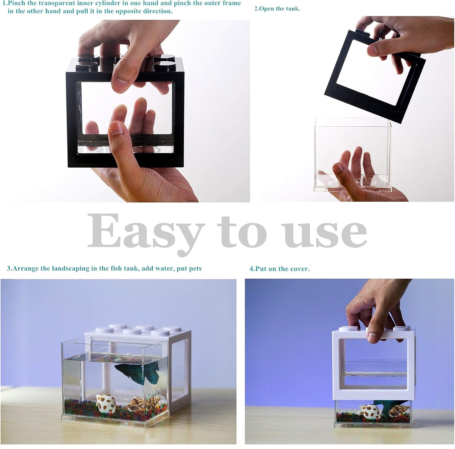 Small Betta Fish Tank, Middle Fish Tank Fish Bow Aquarium with Plastic Plant Decoration, Clear Stackable Cube Tank for Turtle Jellyfish Goldfish Moss Balls Insects,34Oz