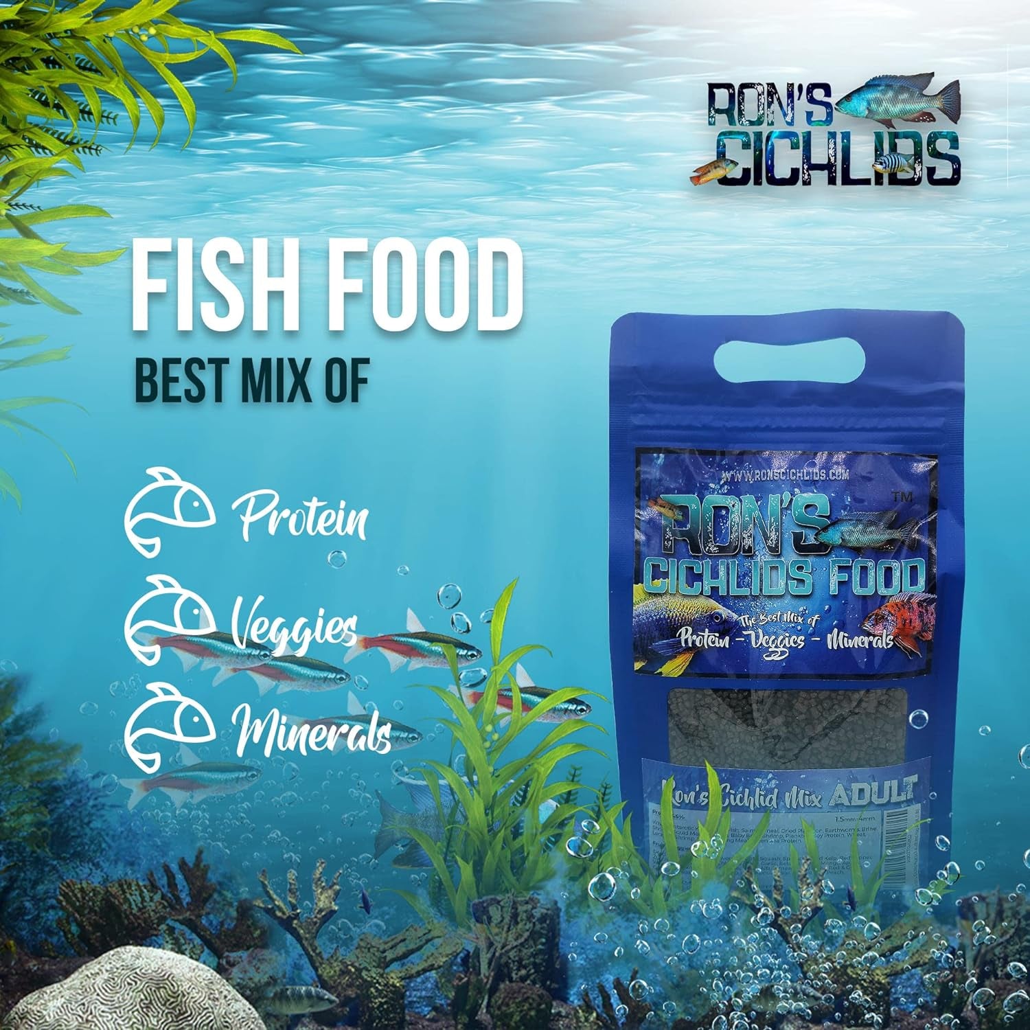 African Cichlid Fish Food, Premium Tropical Fish Food Pellets with Protein, Veggies & Fruits for Healthier, Brighter & Bigger Tropical Fish & Cleaner Tanks, Juvie Blend, 8 OZ