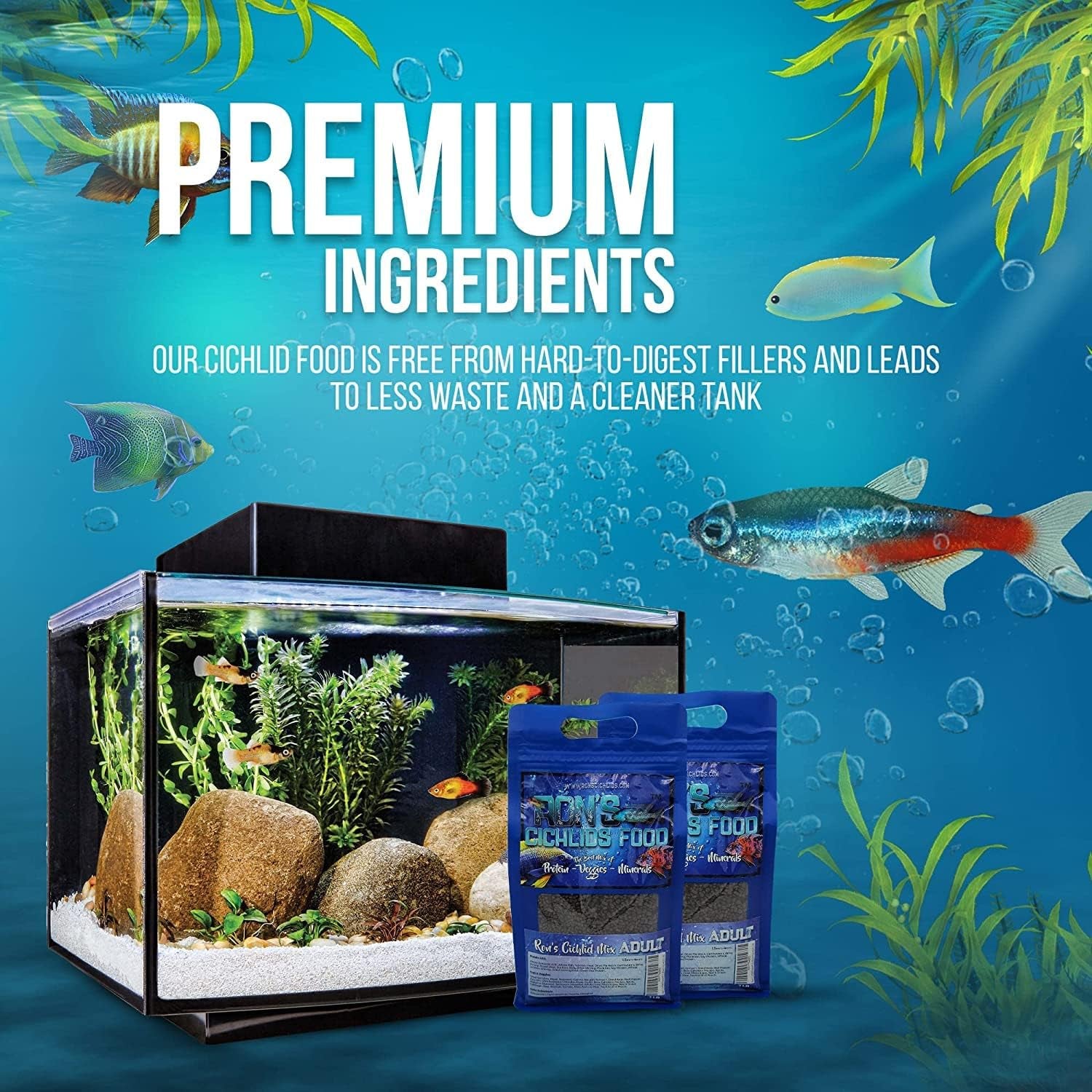 Fish Food Pellets - USA Made Slow Sinking Pellets & Sticks Feed, Zero Fillers, Koi, Pond, Goldfish, Tetra, Pleco, Oscar, Angelfish & Tropical Aquarium Fish, 1.5Mm-4Mm, Adult Blend 1 LB